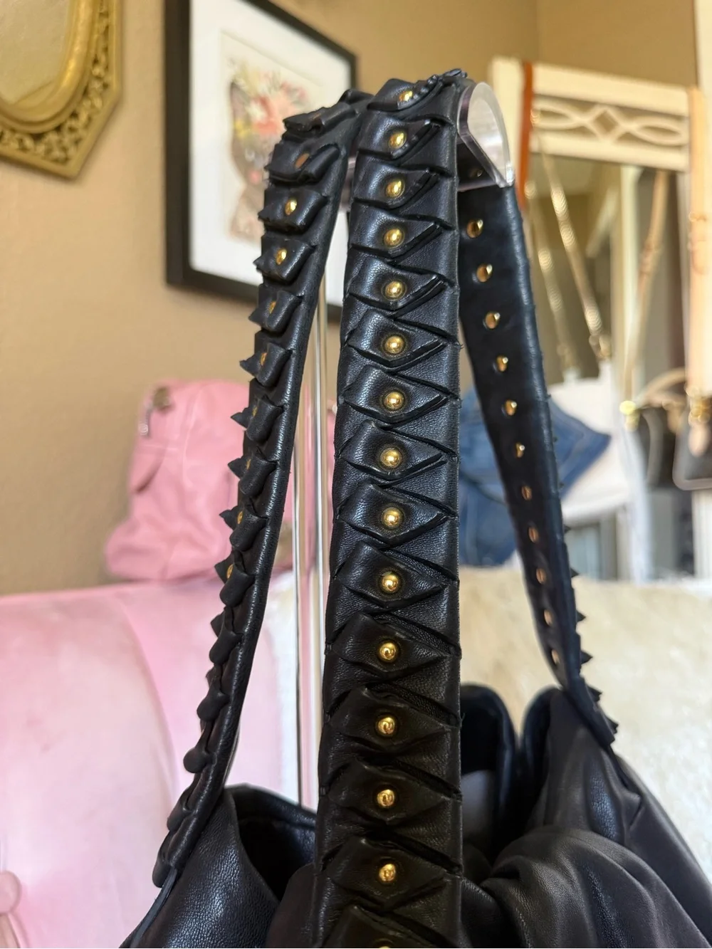 Authentic Diane Von Furstenburg SOFT Blk Leather Hobo Stud-Detail Origami Straps